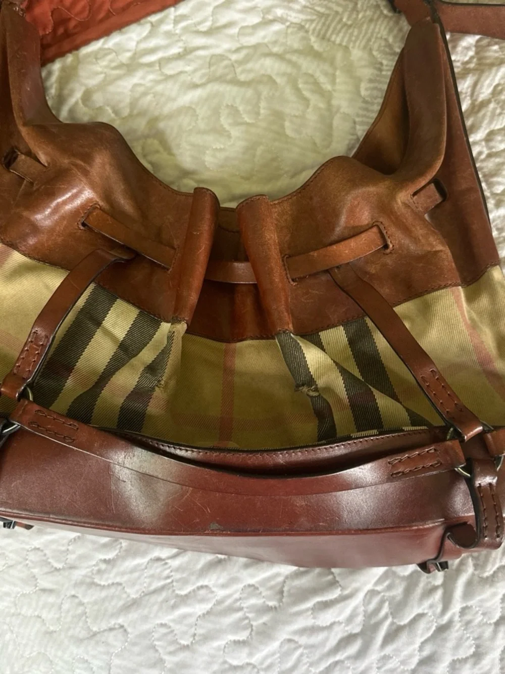 VINTAGE Burberry Brown Leather Shoulder Bag with Beige Check